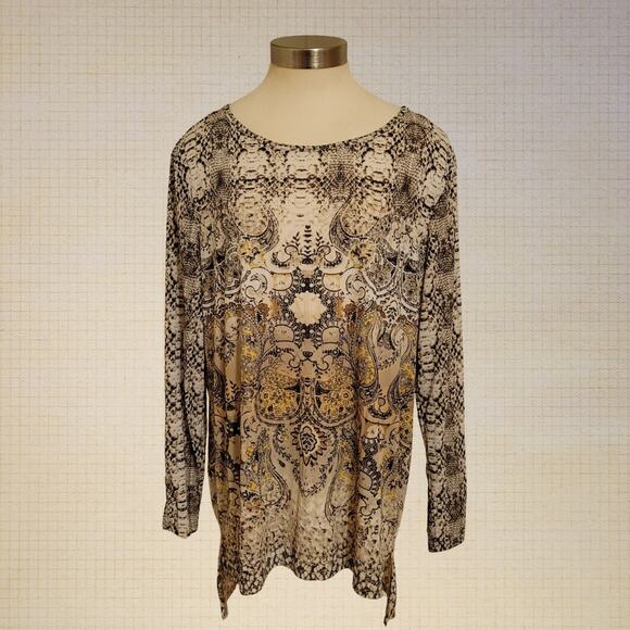 Oriental Print Tunic Blouse Boho Dana Buchman XL Flowy Stretchy Top - Picture 1 of 7